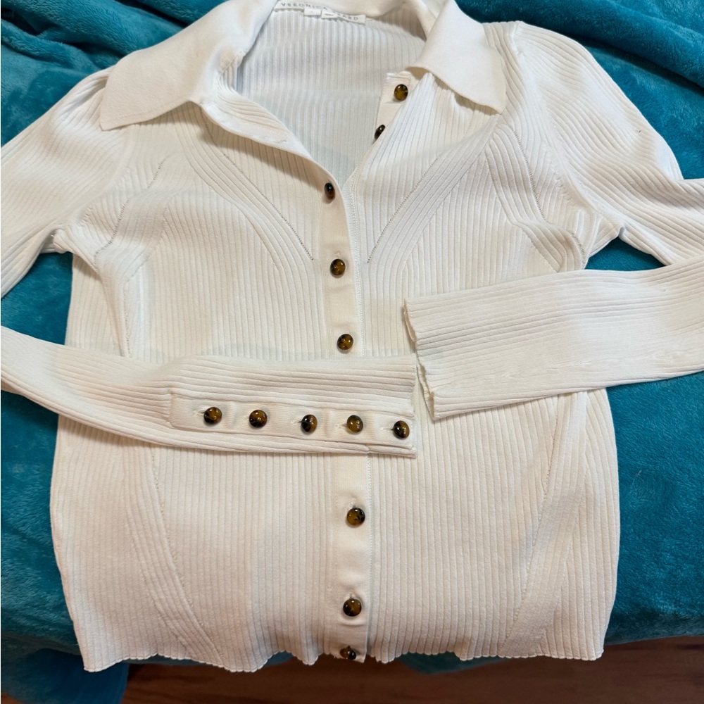 Veronica Beard White Ribbed Button-Down Shirt - image 1